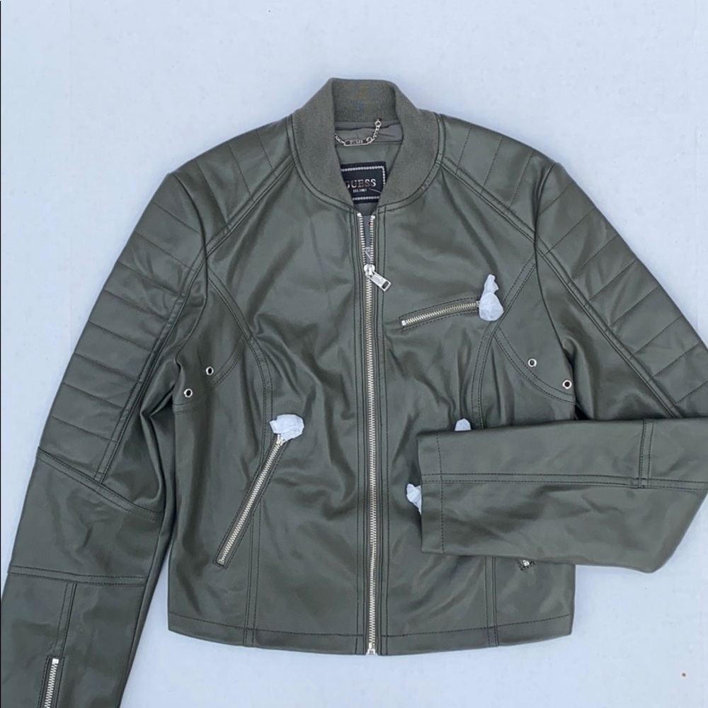 NEW GUESS Dark Green Leather Jacket SZ S